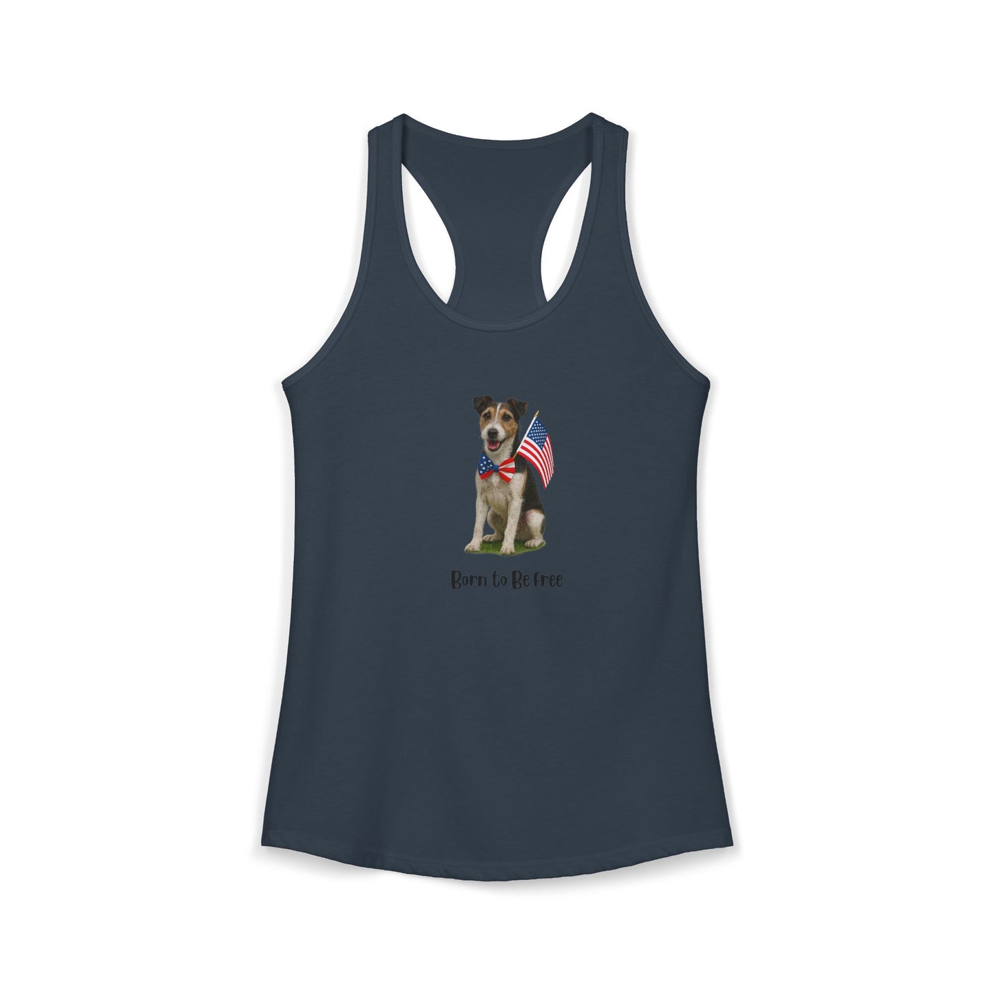 Navy tank top with a dog holding an American flag design on a white background
