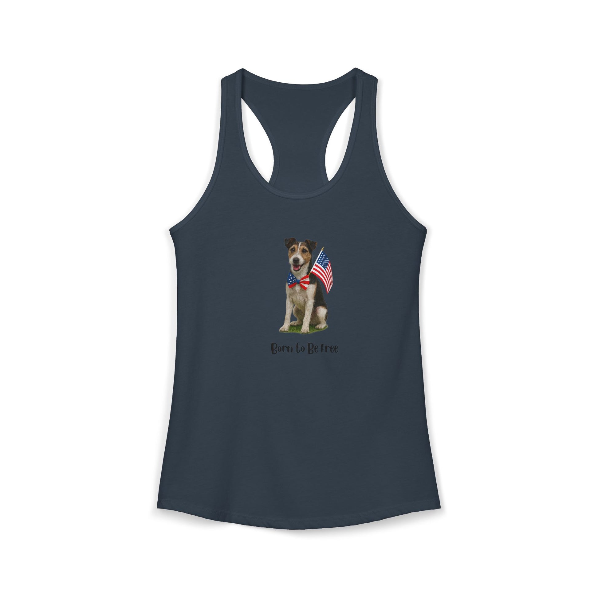Navy tank top with a dog holding an American flag design on a white background