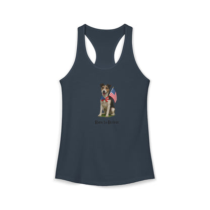 Navy tank top with a dog holding an American flag design on a white background