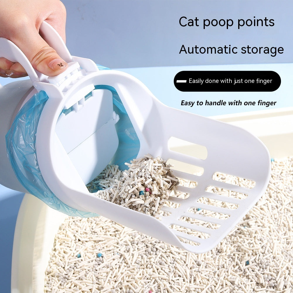 Cat poop points automatic storage device with text on a blue background
