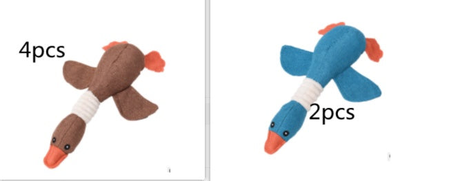 Two toy ducks, one brown and one blue, with text indicating quantity on a white background.