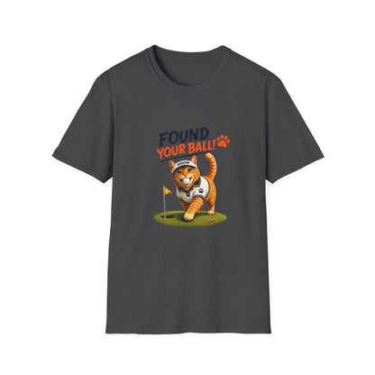 A dark gray heather crewneck t-shirt featuring a graphic of an orange tabby cat wearing a golf ball cap and walking onto a green golf course, with the text 'FOUND YOUR BALL!' in navy and orange above it.