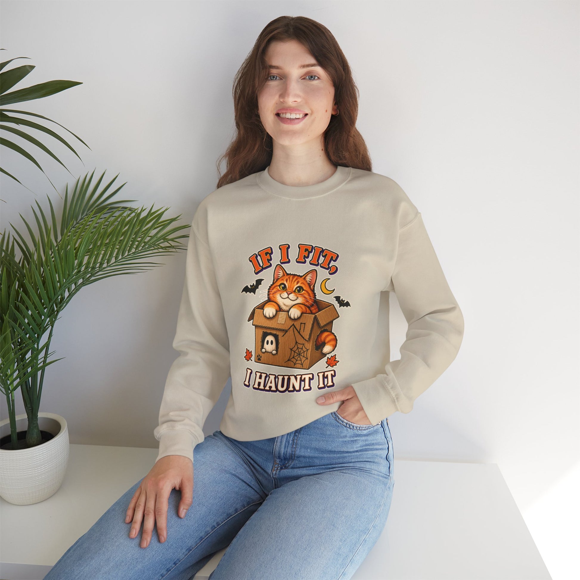 If I Fit I Haunt It Halloween cat sweatshirt in sand
Orange tabby in haunted cardboard box on Halloween sweatshirt