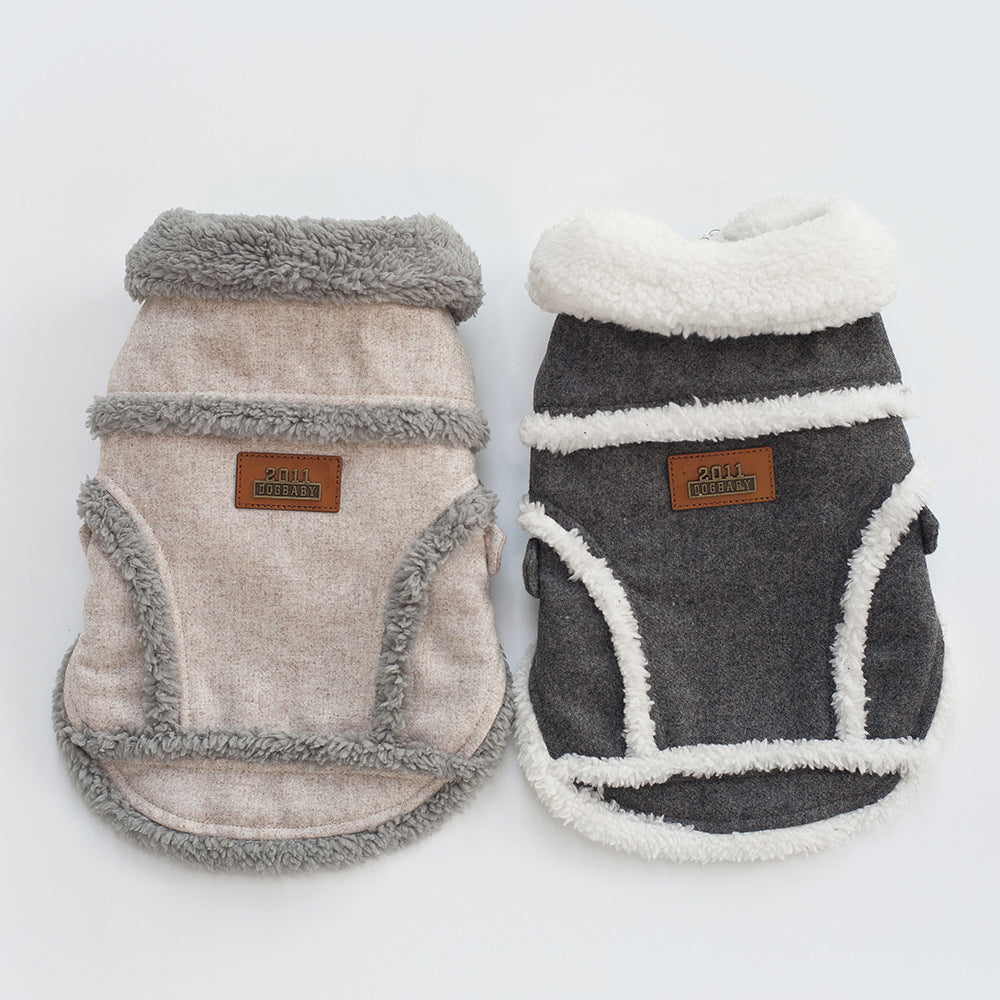 Two pet coats with fur-lined hoods on a white background