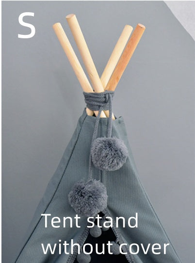 Tent stand without cover with wooden sticks and gray fabric, on a plain background.
