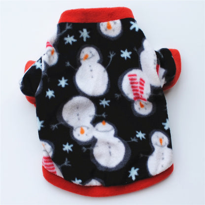 Black & Red Christmas fleece pet costume with Snowmen and stars design, shown from the  back 