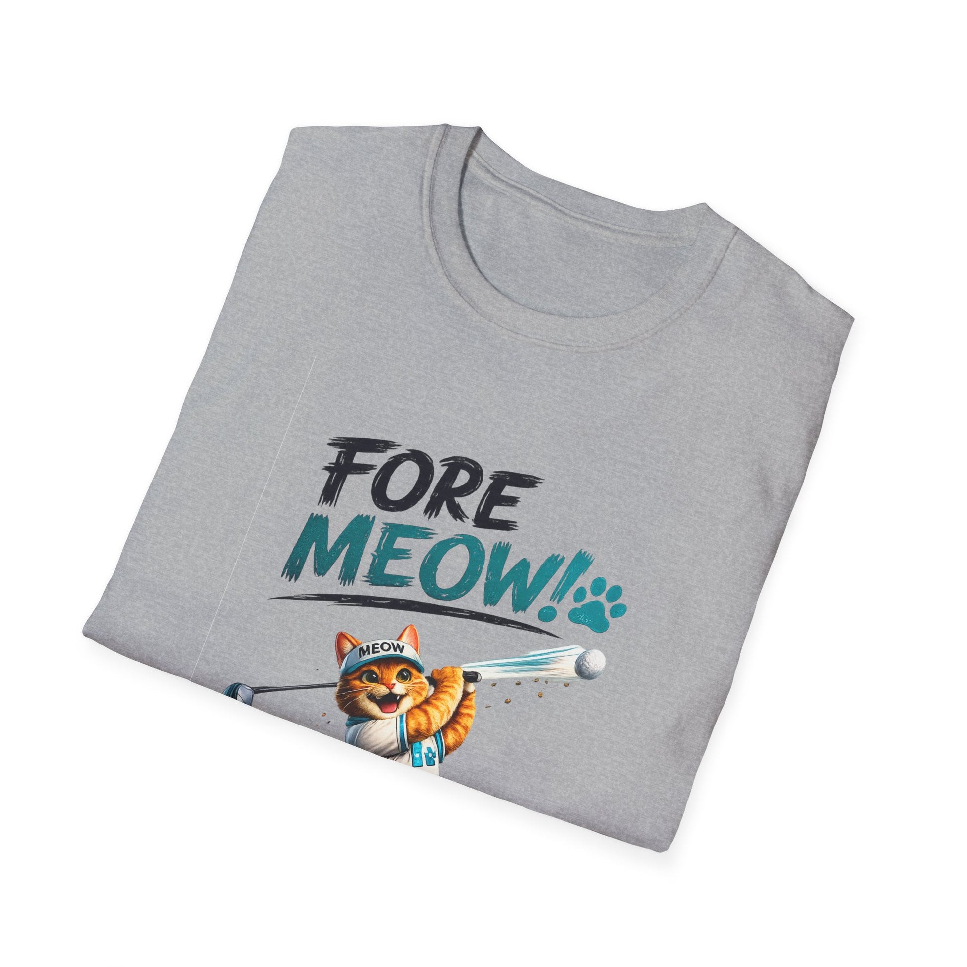 A folded light gray t-shirt on a white background, featuring a graphic print that reads 'FORE MEOW!' in black and teal lettering, with an illustration of an orange tabby cat wearing a blue headband and holding a golf club.