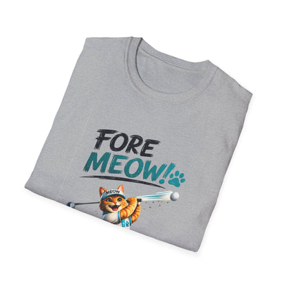 A folded light gray t-shirt on a white background, featuring a graphic print that reads 'FORE MEOW!' in black and teal lettering, with an illustration of an orange tabby cat wearing a blue headband and holding a golf club.