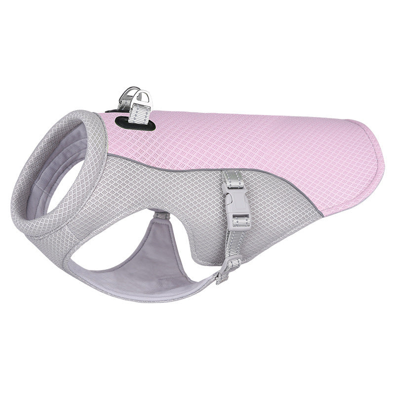 Pink and gray dog harness on a white background