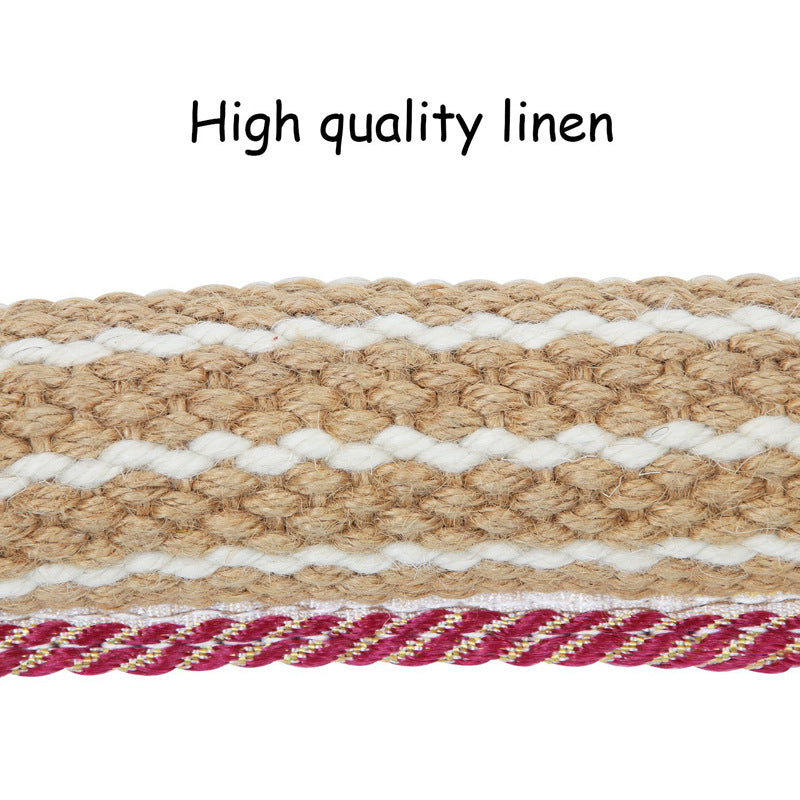 Close-up of woven fabric with red and gold accents on a white background, labeled 'High quality linen'.