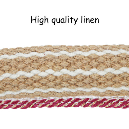 Close-up of woven fabric with red and gold accents on a white background, labeled 'High quality linen'.