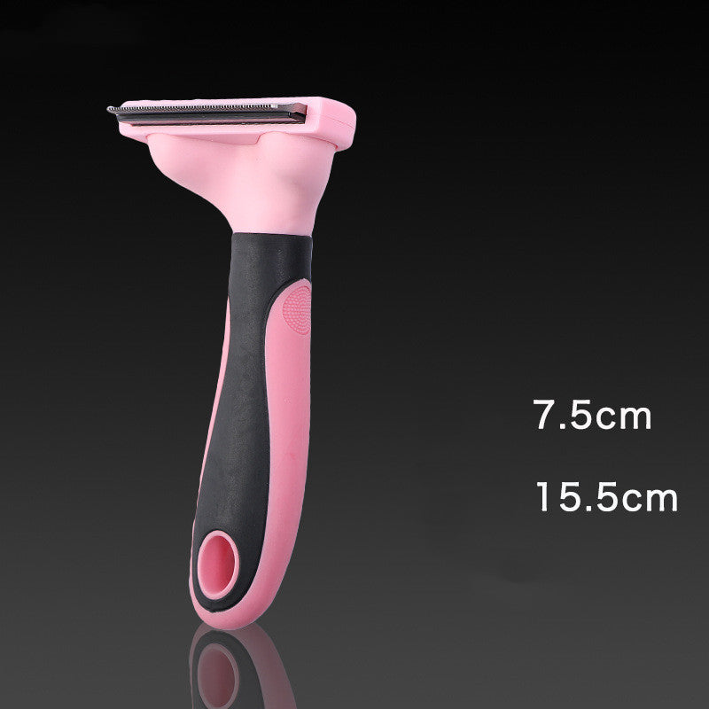 Pink and black pet grooming tool with measurements on a dark background