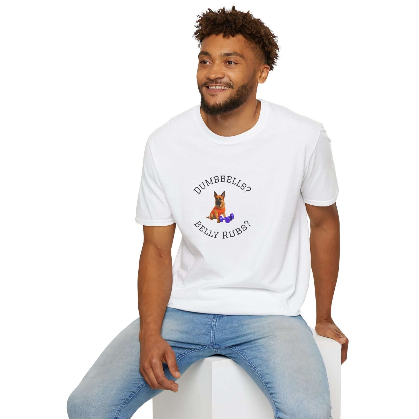 German Shepard Dog Lover Workout Tee –“Belly Rubs or Dumbbells?” worn by a man, combining fitness with love for dogs.