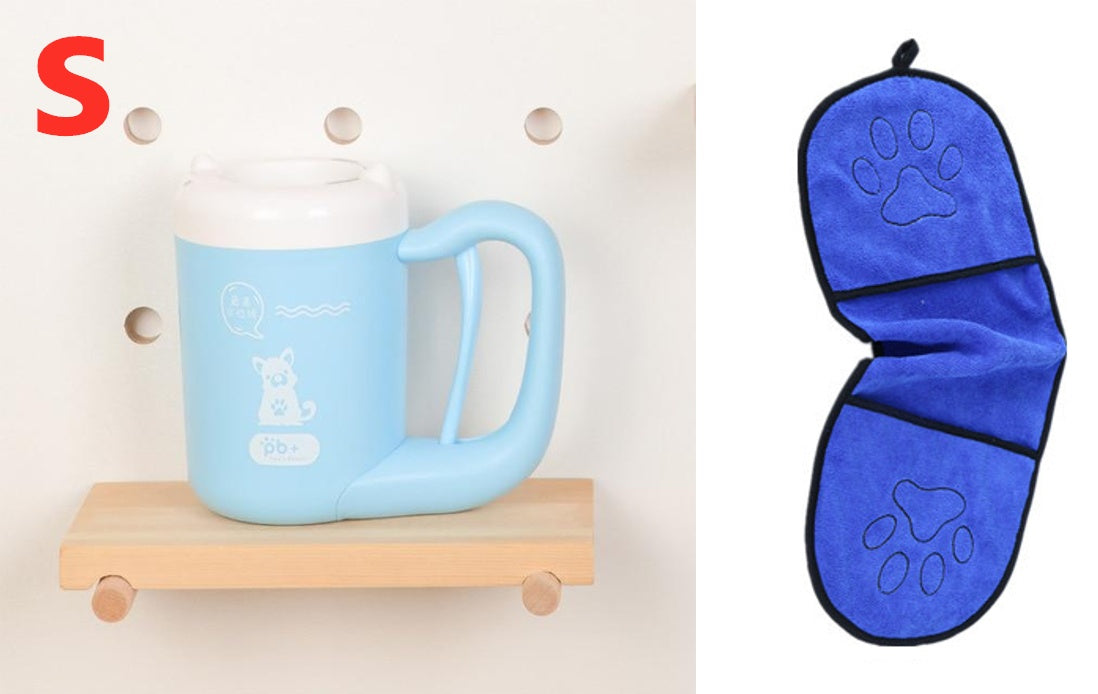 Blue mug on a wooden shelf with a blue paw print mask on a white background
