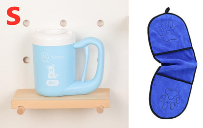 Blue mug on a wooden shelf with a blue paw print mask on a white background