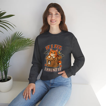 If I Fit I Haunt It Halloween cat sweatshirt in dark heather
Orange tabby in haunted cardboard box on Halloween sweatshirt