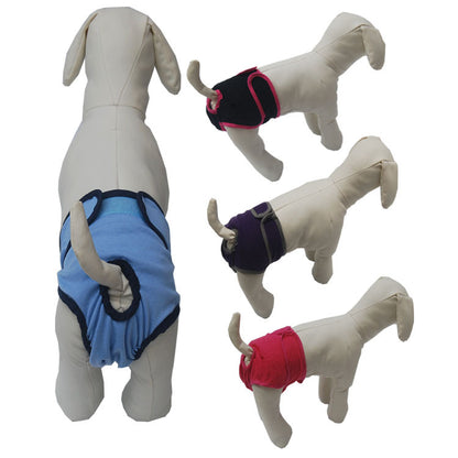 Dog mannequin wearing colorful dog diapers on a white background