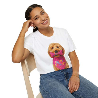 Birthday Dog T-Shirt featuring a cute pup with a birthday bow, perfect for pet lovers and dog celebrations.