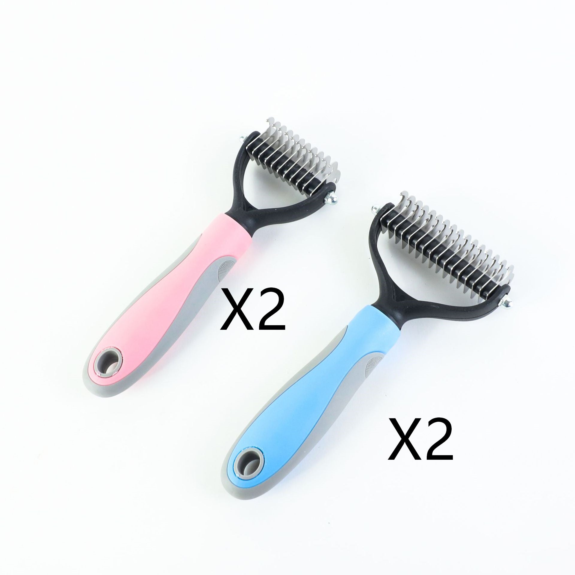 Two pet grooming brushes, one pink and one blue, on a white background.