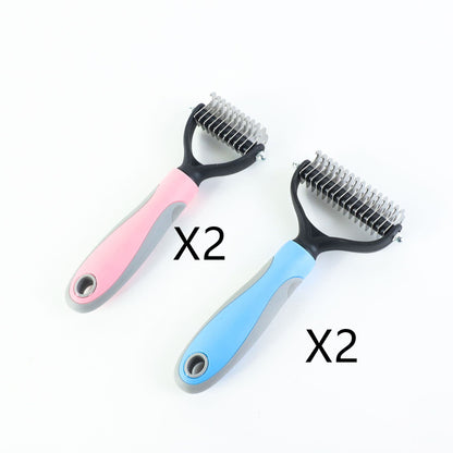 Two pet grooming brushes, one pink and one blue, on a white background.