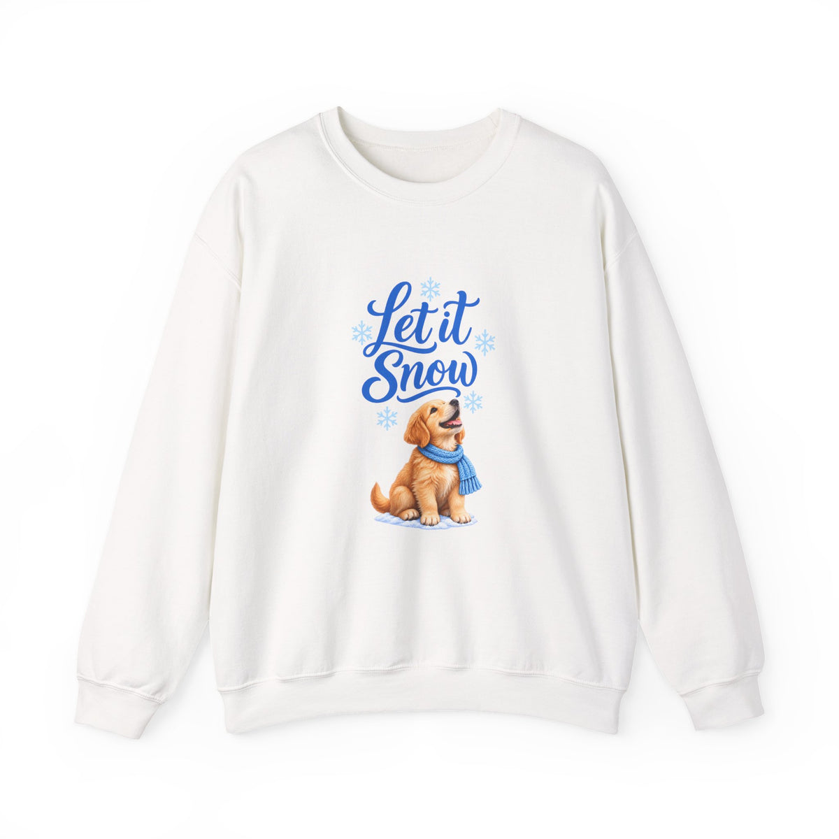 White Let It Snow sweatshirt featuring a golden retriever puppy in a blue scarf beneath blue script and snowflakes.