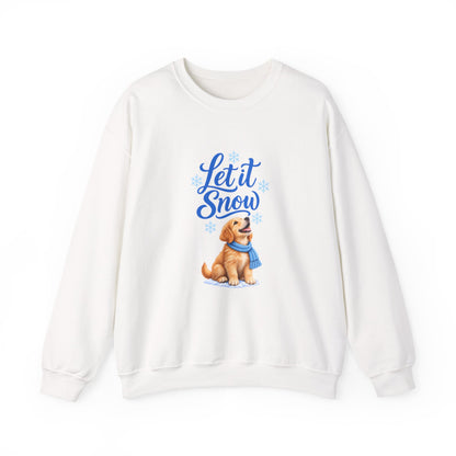 White Let It Snow sweatshirt featuring a golden retriever puppy in a blue scarf beneath blue script and snowflakes.