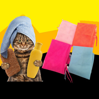 Cat with cleaning supplies and colorful cloths on a yellow background