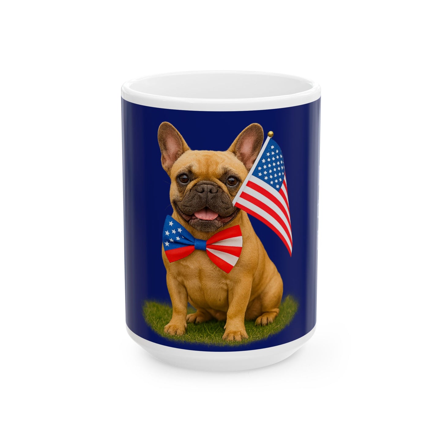 Mug with a dog holding an American flag on a blue background