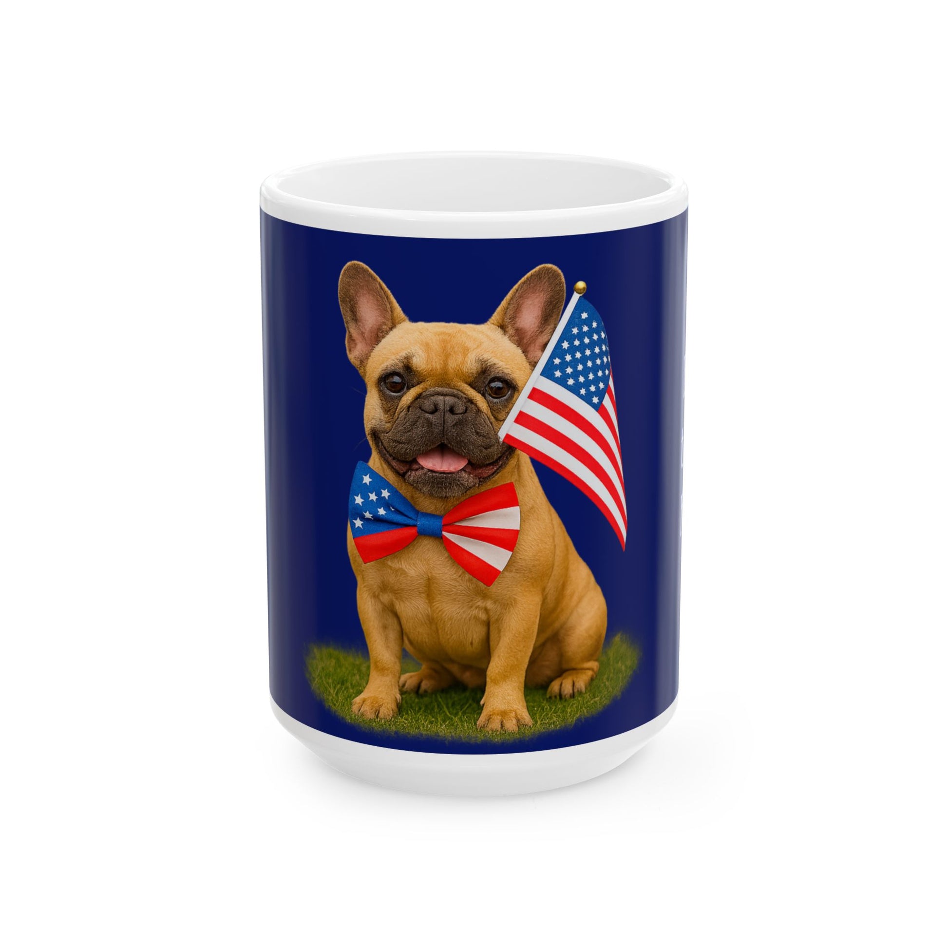 Mug with a dog holding an American flag on a blue background