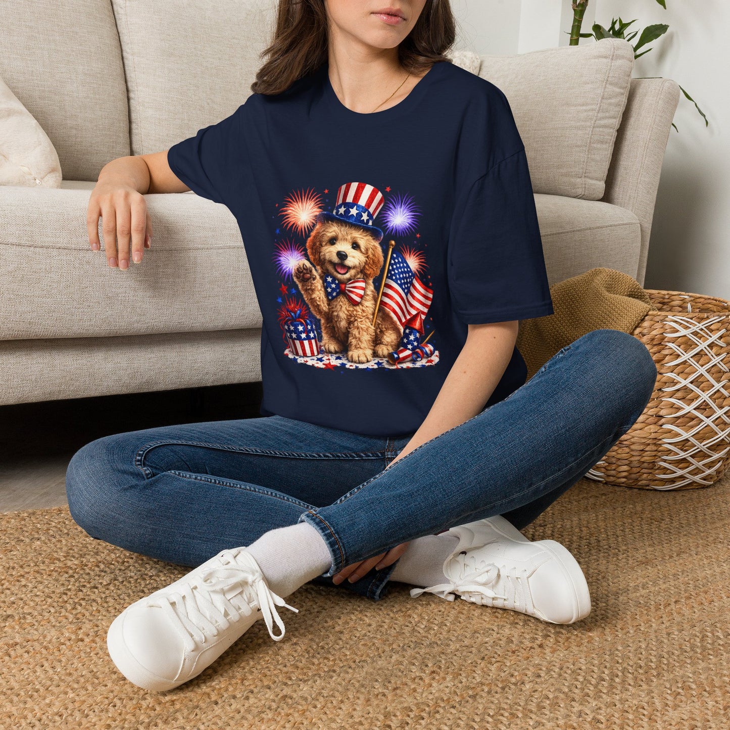 Person wearing a navy blue t-shirt with a dog graphic and American flag design, sitting on a carpeted floor.