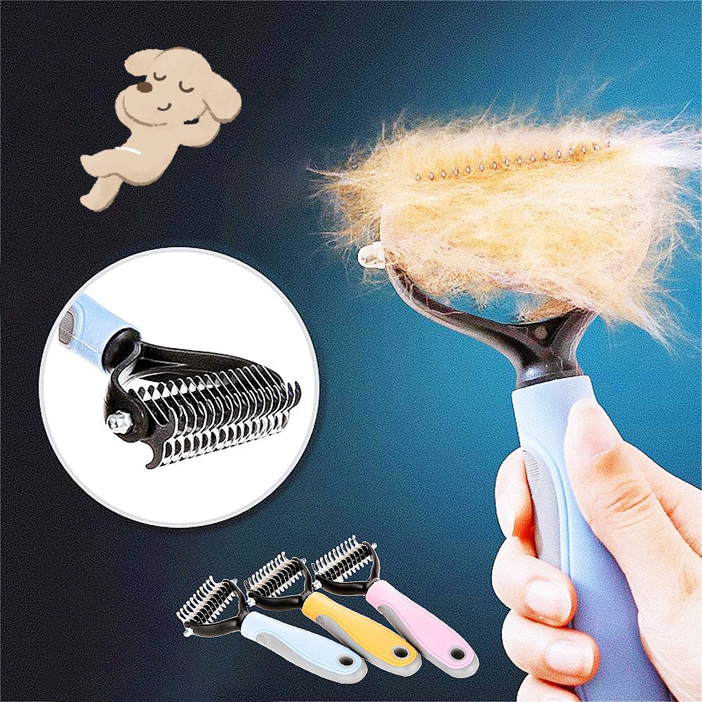 Pet grooming brush with detachable bristle heads on a blue background