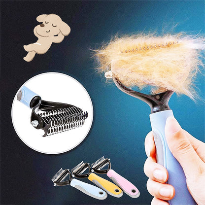 Pet grooming brush with detachable bristle heads on a blue background