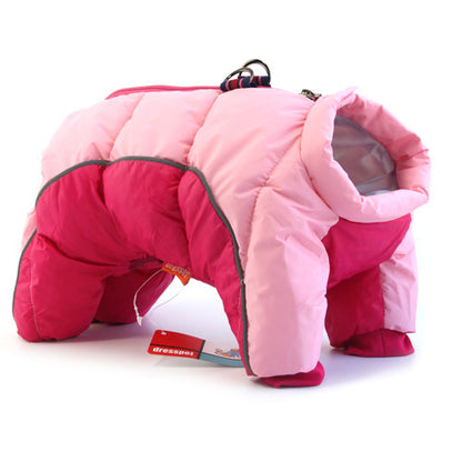 Pink and red dog coat with a visible brand tag on a white background