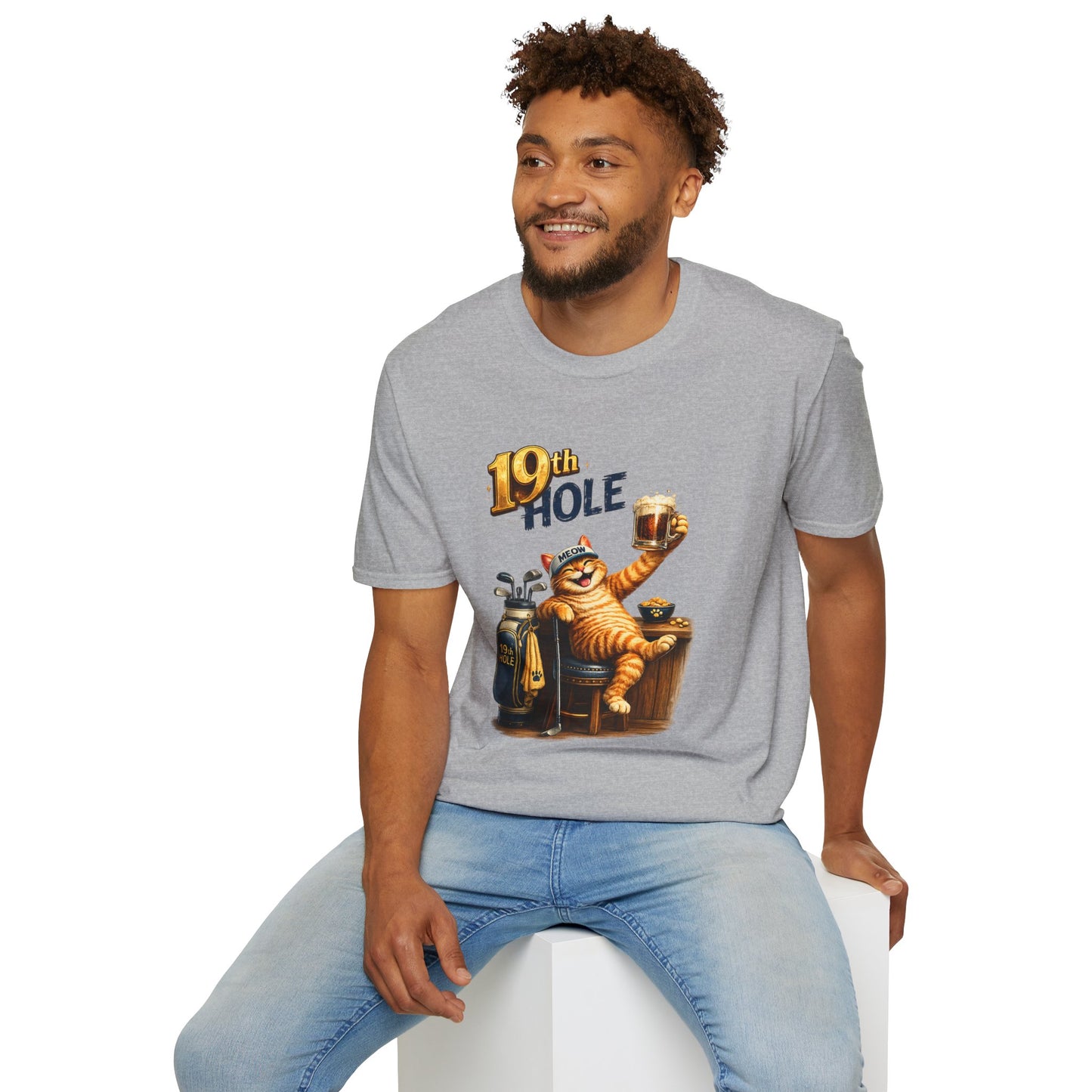 19th Hole funny cat golf T-shirt in sport grey with orange tabby golfer