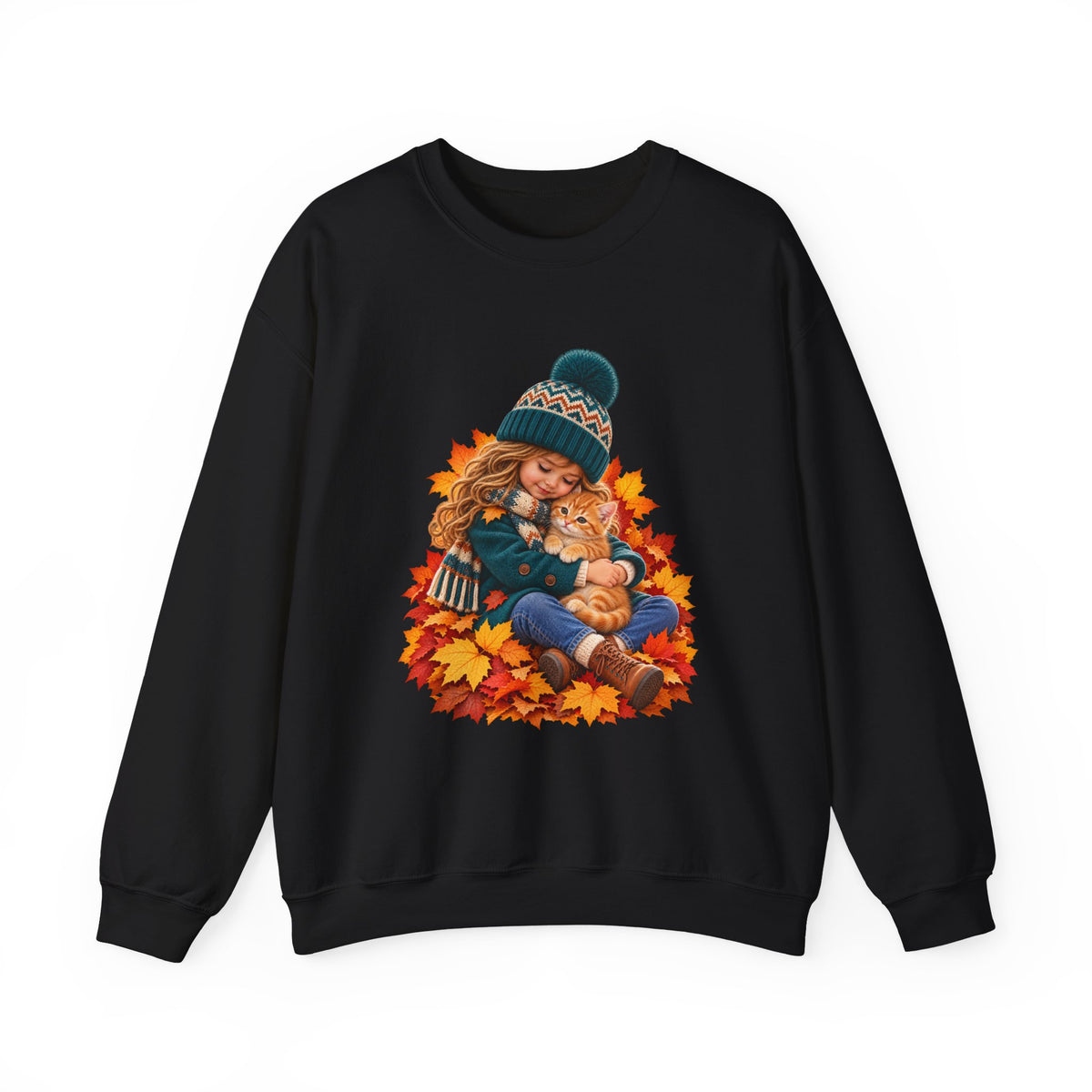 Black crewneck sweatshirt featuring a little girl cuddling an orange tabby kitten among autumn leaves