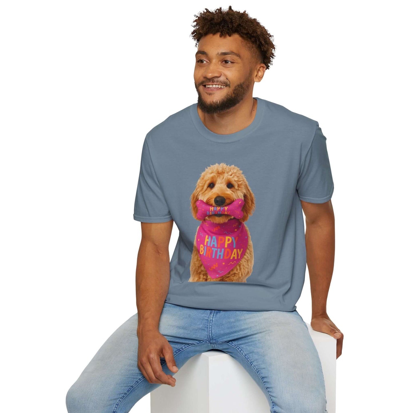 Birthday Dog T-Shirt featuring a cute doodle puppy with a birthday gift, perfect pet supplies for dogs.