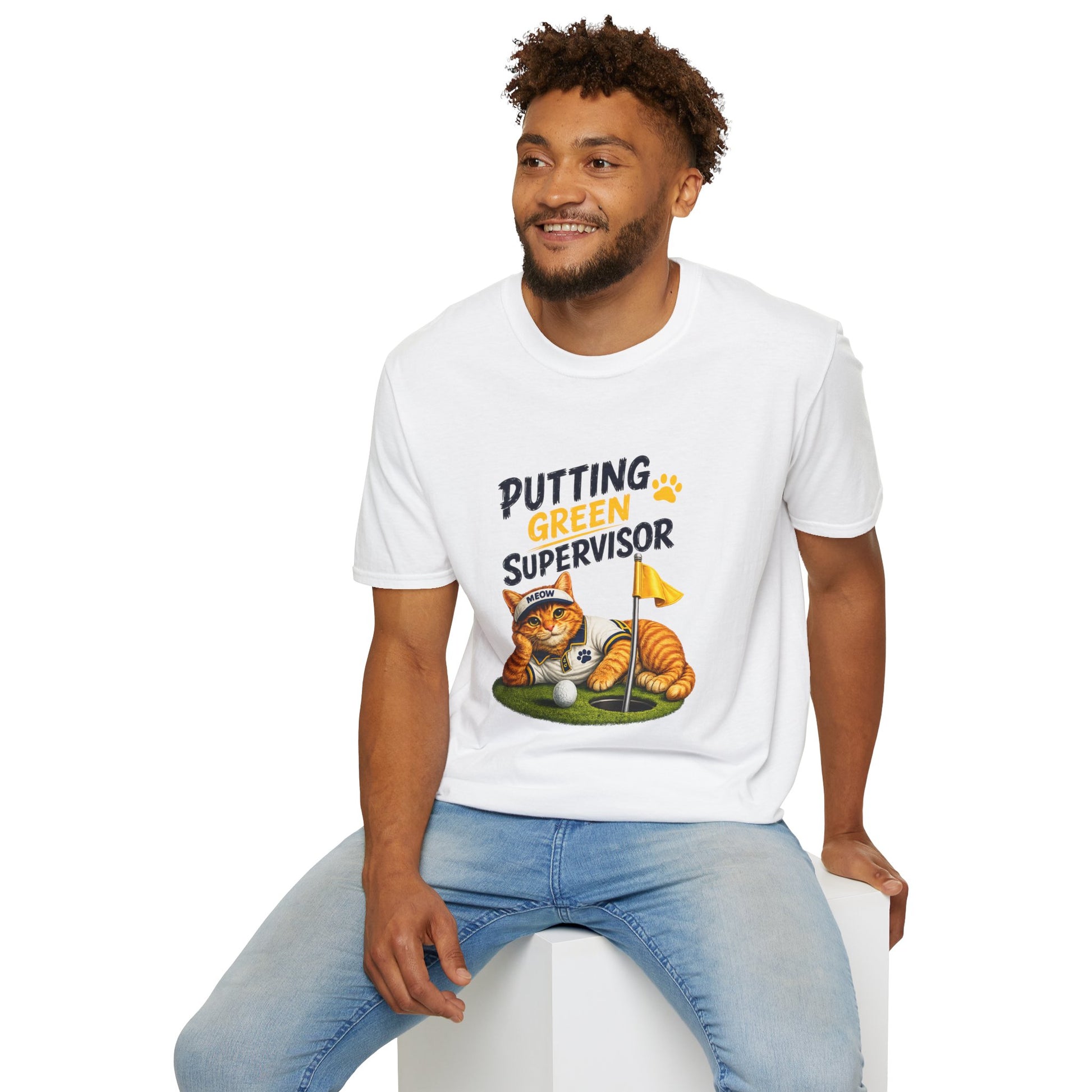 Putting Green Supervisor funny cat golf T-shirt with orange tabby beside golf hole- white