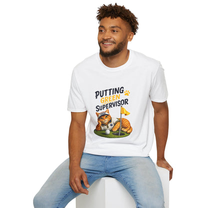 Putting Green Supervisor funny cat golf T-shirt with orange tabby beside golf hole- white