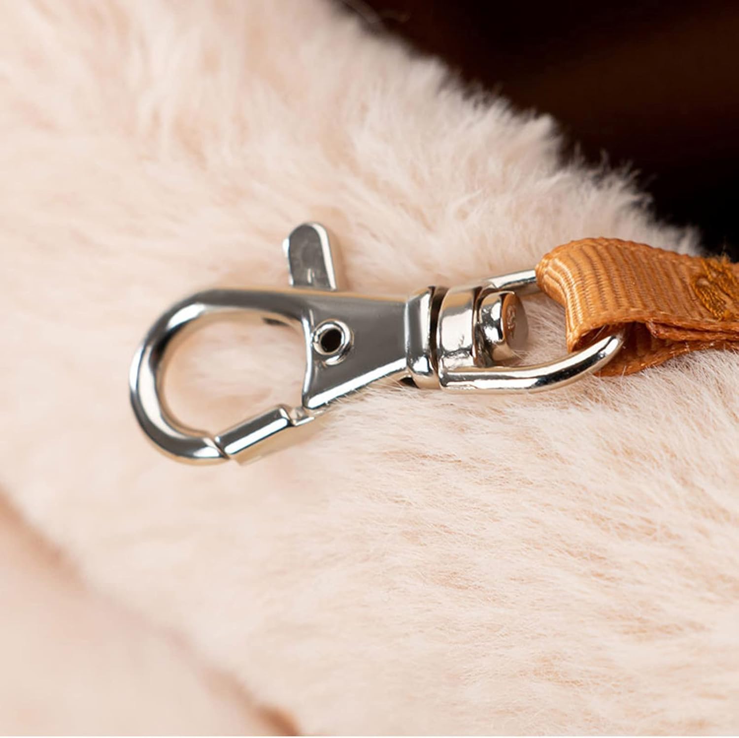 Close-up of a metal clasp on a brown leather strap against a fur background