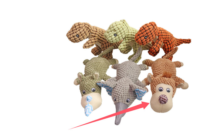 Set of crochet dog toys in various colors on a white background