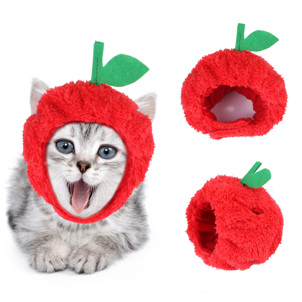 Cat wearing a red apple-shaped costume with green leaves on a white background