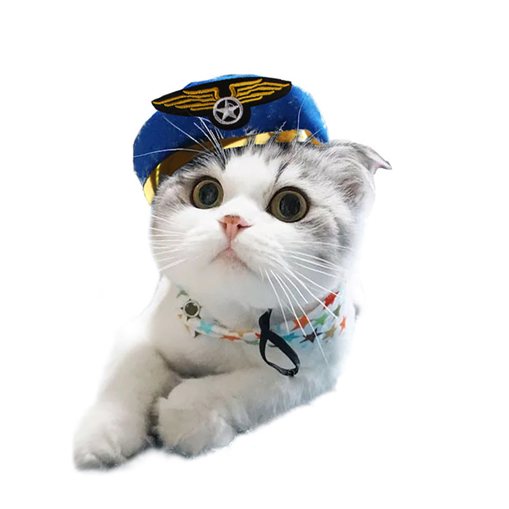 Cat wearing a blue pilot hat on a white background