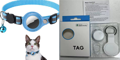 Blue Reflective Waterproof AirTag Collar  and key chain for Cats & Dogs and cat wearing the collar