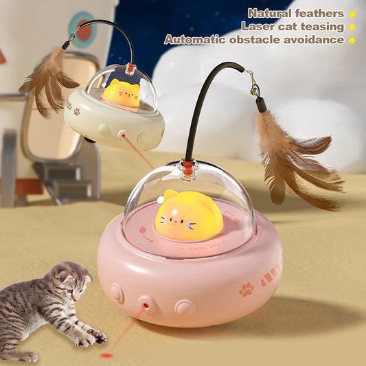Cat toy with moving parts and feather attachments on a beige surface.