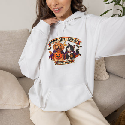 Midnight Treat Patrol Halloween puppy and kitten hoodie in white