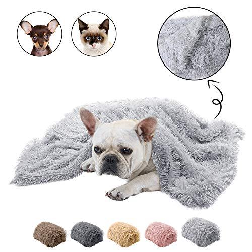 Fluffy gray pet blanket with a dog lying on it, surrounded by close-up views and color swatches.