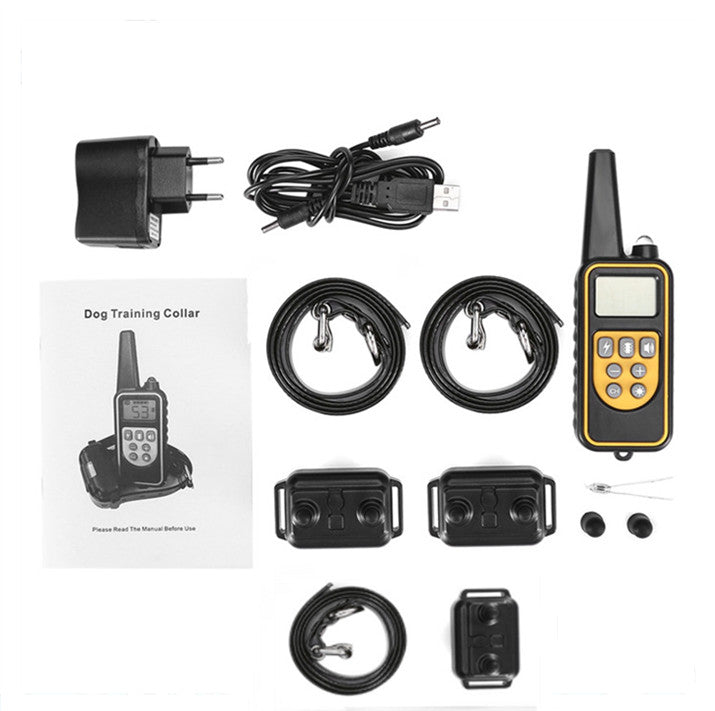 Dog training collar components including collars, receiver, and charger on a white background
