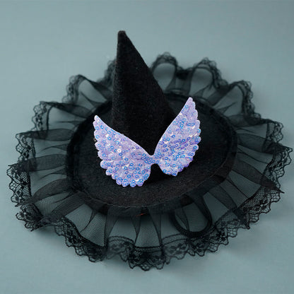 Black witch hat with sheer black lace and sparkling silver wings on a light blue background