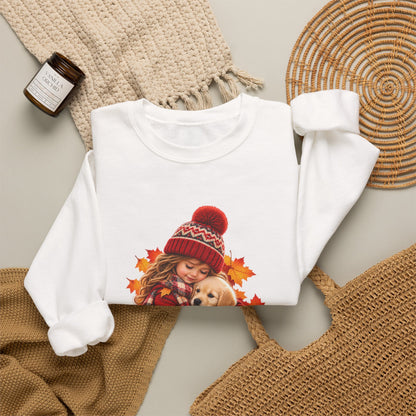 Folded white Golden Moments girl and puppy sweatshirt styled with neutral knit accessories
