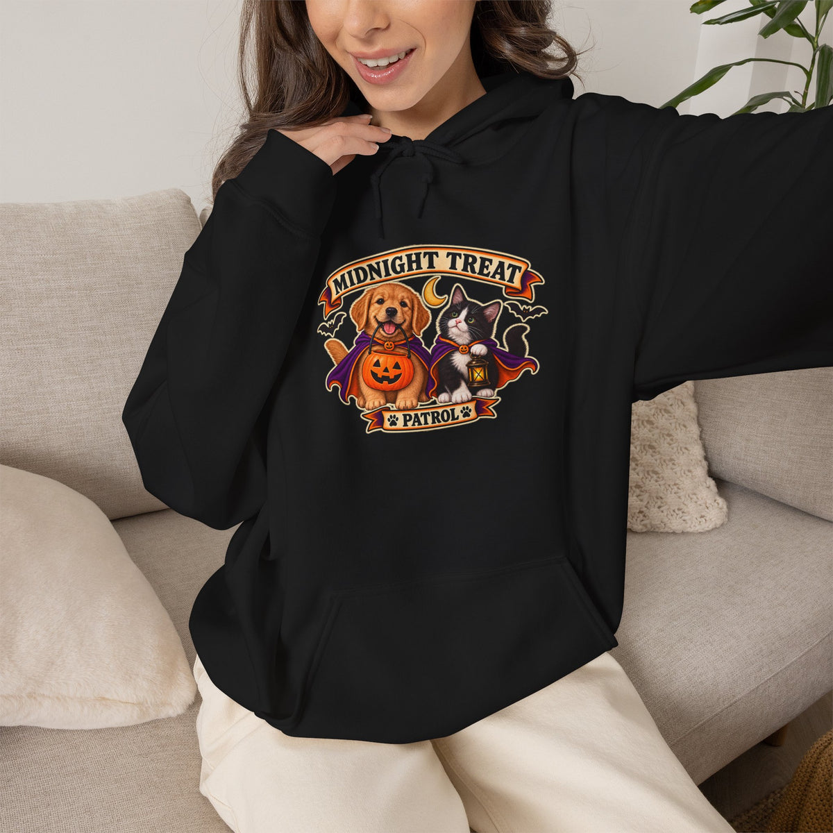 Midnight Treat Patrol Halloween puppy and kitten hoodie in black